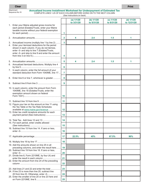 Annualized Income Installment Worksheet for Underpayment of Estimated Tax - Maine, 2020