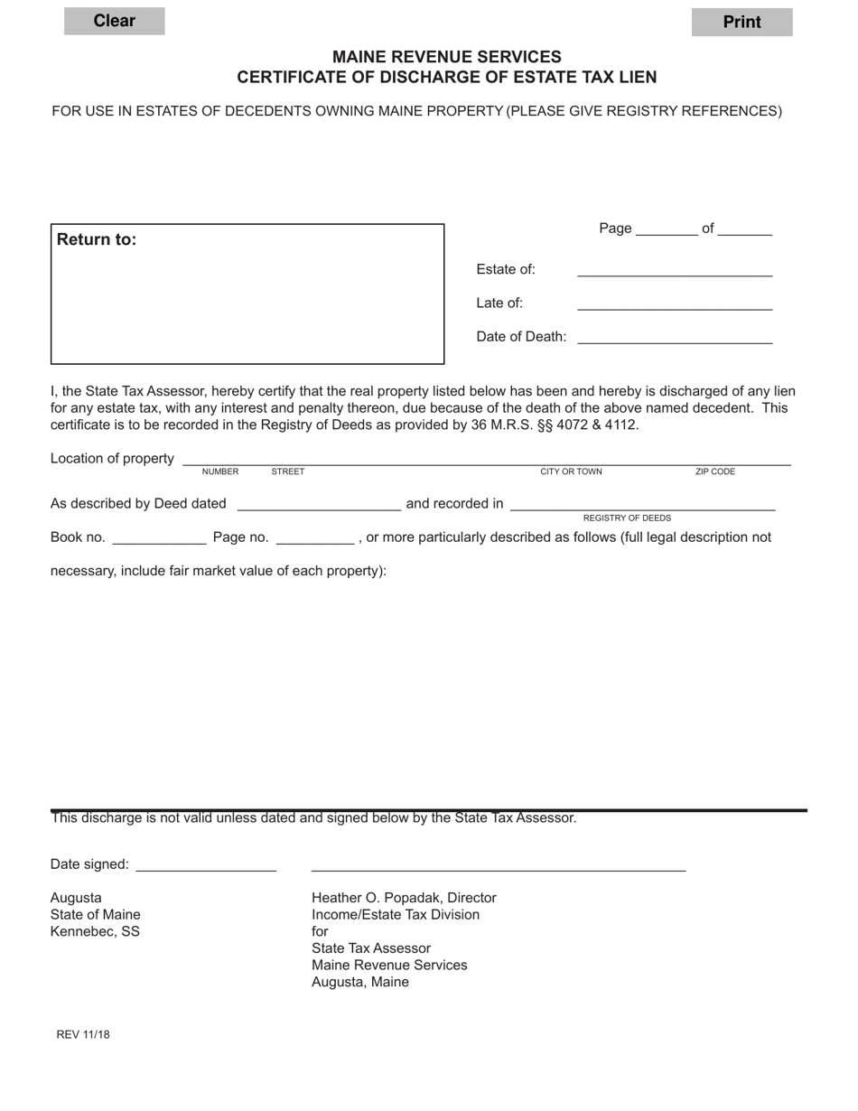 Certificate of Discharge of Estate Tax Lien - Maine, Page 1