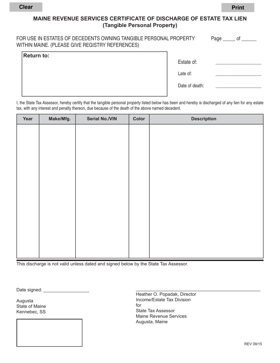 Maine Maine Revenue Services Certificate of Discharge of Estate Tax
