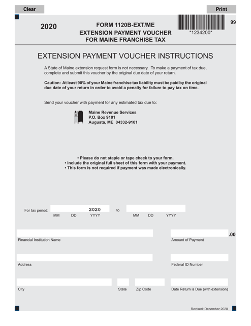 Form 1120B-EXT/ME Extension Payment Voucher for Maine Franchise Tax - Maine, 2020