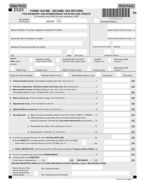 Form 1041ME Income Tax Return for Resident and Nonresident Estates and Trusts - Maine, 2020