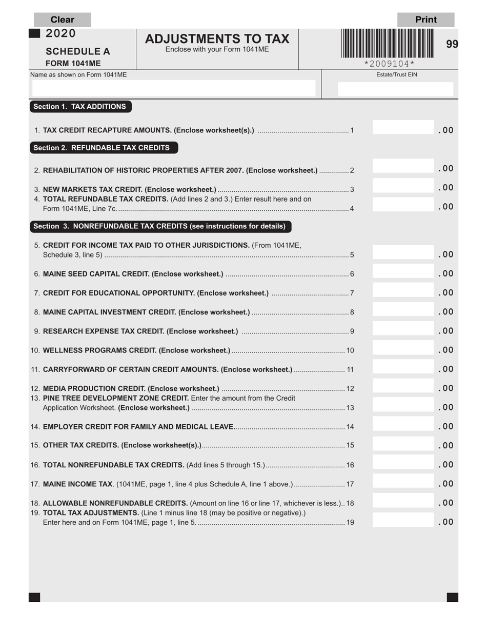 Form 1041ME Schedule A Download Fillable PDF or Fill Online Adjustments ...