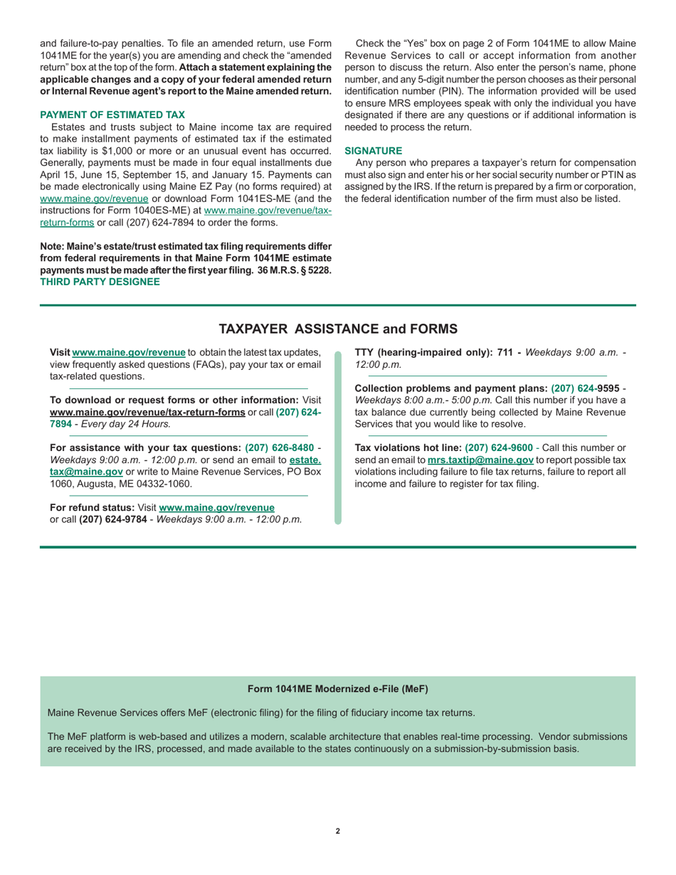 Instructions for Form 1041ME Income Tax Return for Resident and Nonresident Estates and Trusts - Maine, Page 2