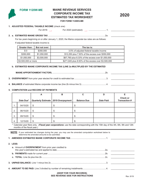 Form 1120W-ME Corporate Income Tax Estimated Tax Worksheet - Maine, 2020