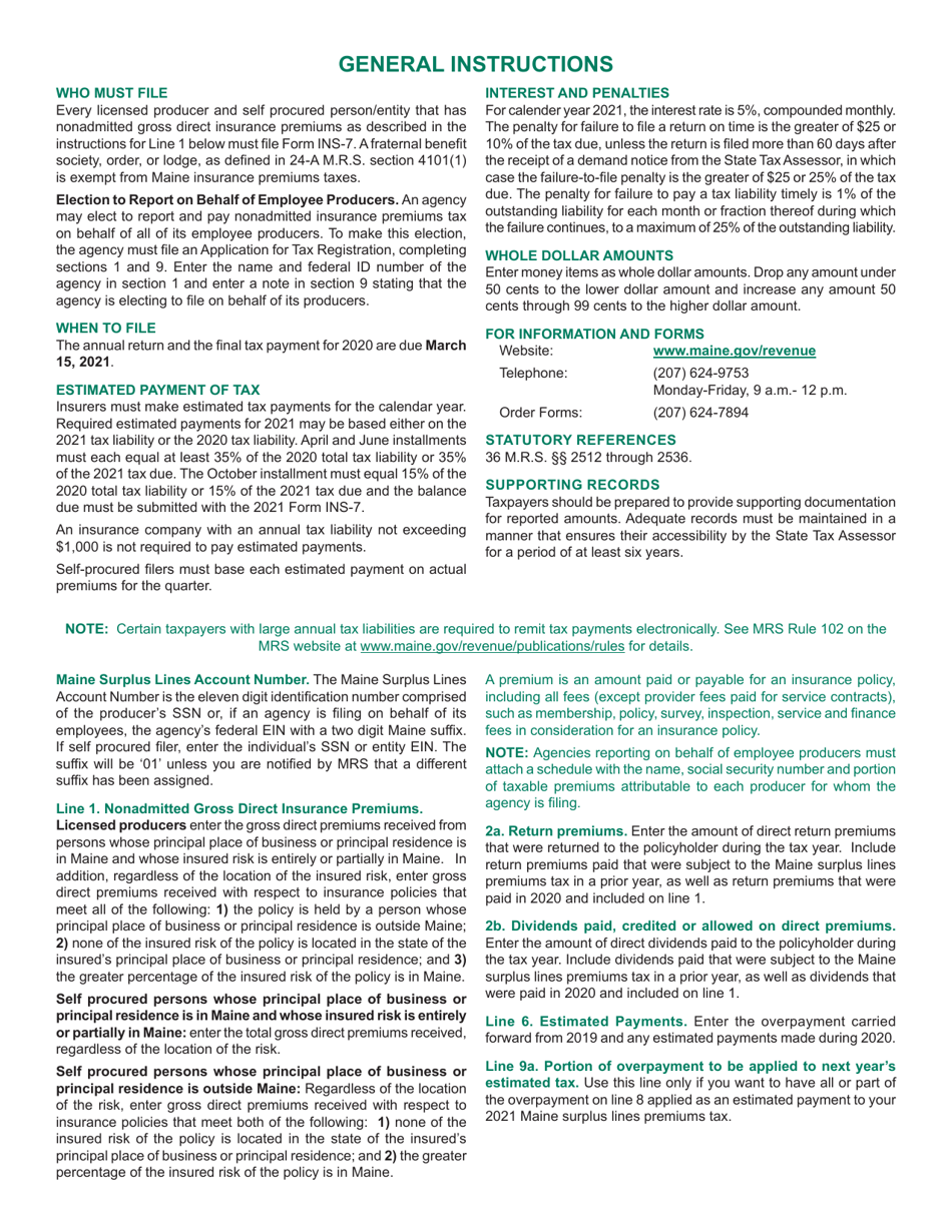 Form INS-7 Nonadmitted Premiums Tax (Self Procured  Surplus Lines) Annual Reconciliation / Return - Maine, Page 2