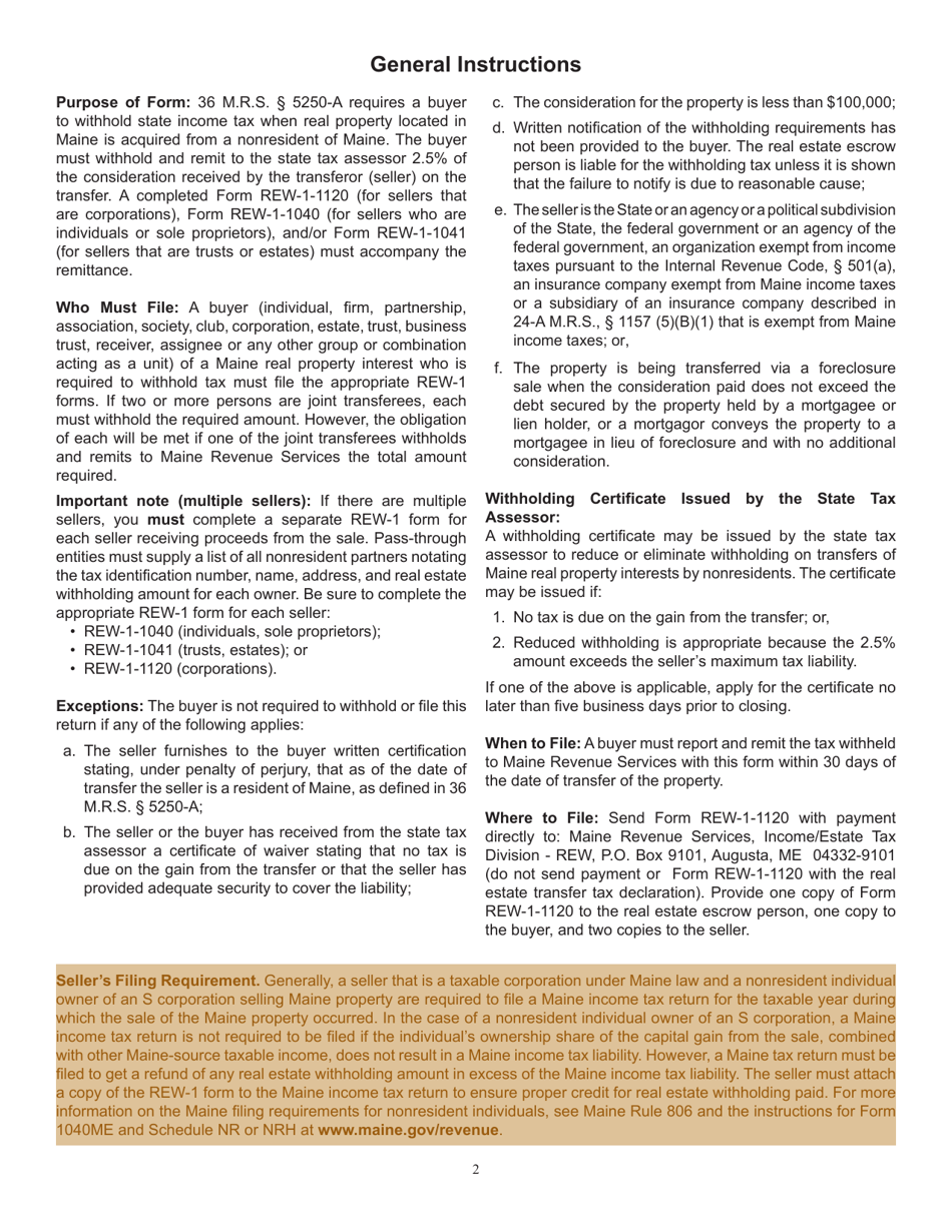 Form REW-1-1120 Real Estate Withholding Return for Transfer of Real Property by Sellers That Are Corporations - Maine, Page 2