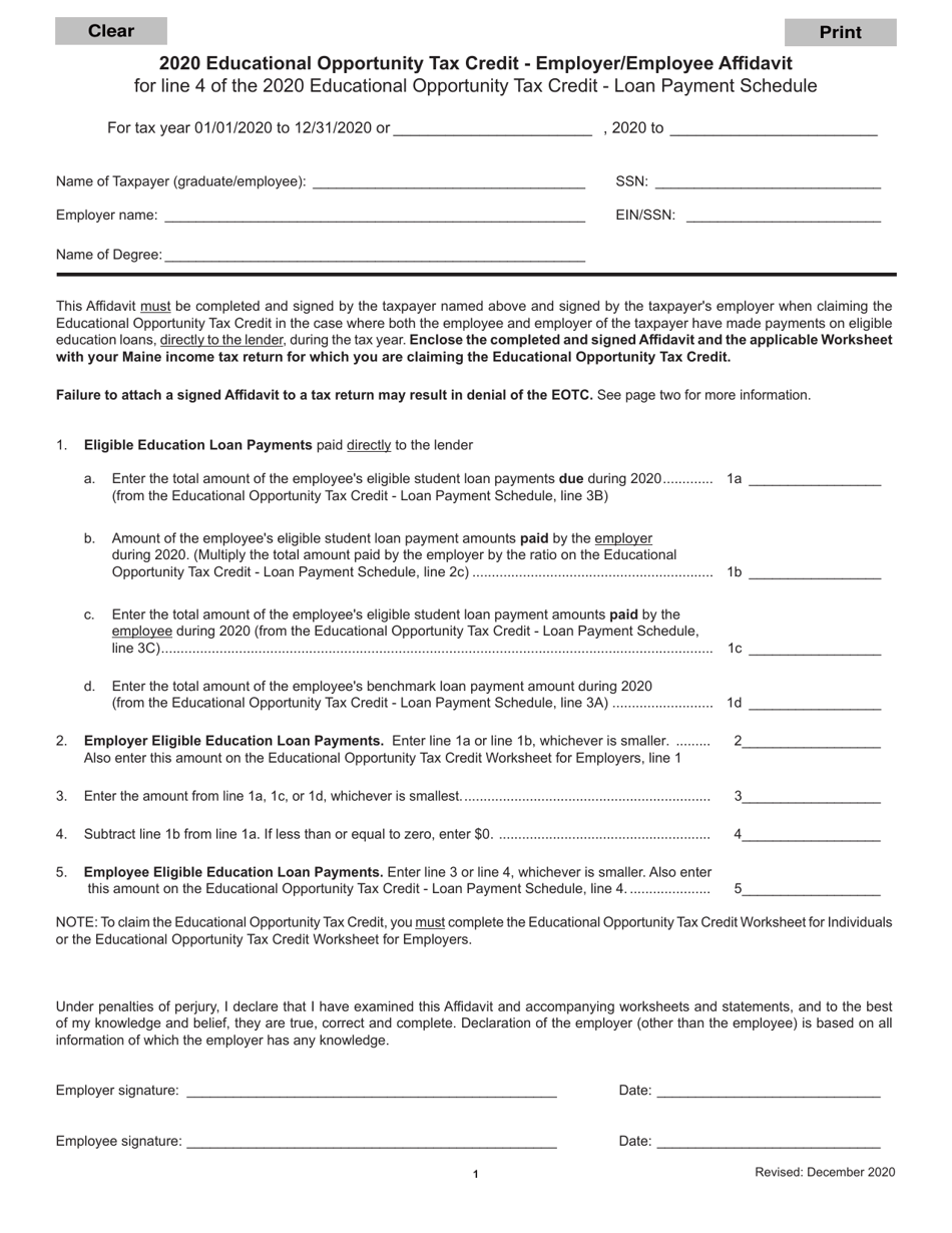 Educational Opportunity Tax Credit - Employer / Employee Affidavit for Line 4 of the Educational Opportunity Tax Credit - Loan Payment Schedule - Maine, Page 1
