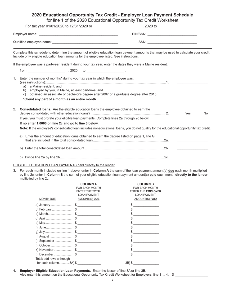 Educational Opportunity Tax Credit Worksheet for Employers of Qualified Employees - Maine, Page 2