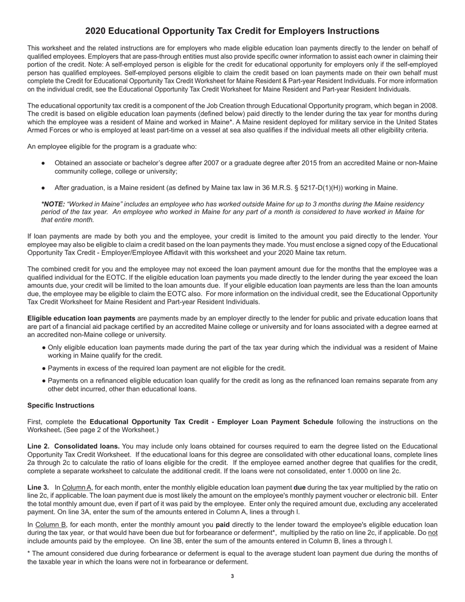 Educational Opportunity Tax Credit Worksheet for Employers of Qualified Employees - Maine, Page 3
