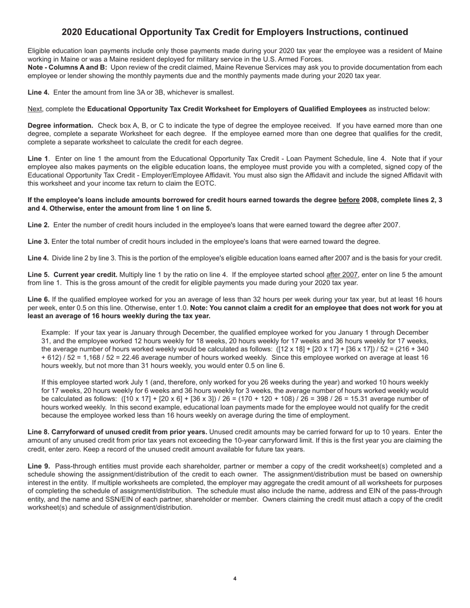 Educational Opportunity Tax Credit Worksheet for Employers of Qualified Employees - Maine, Page 4