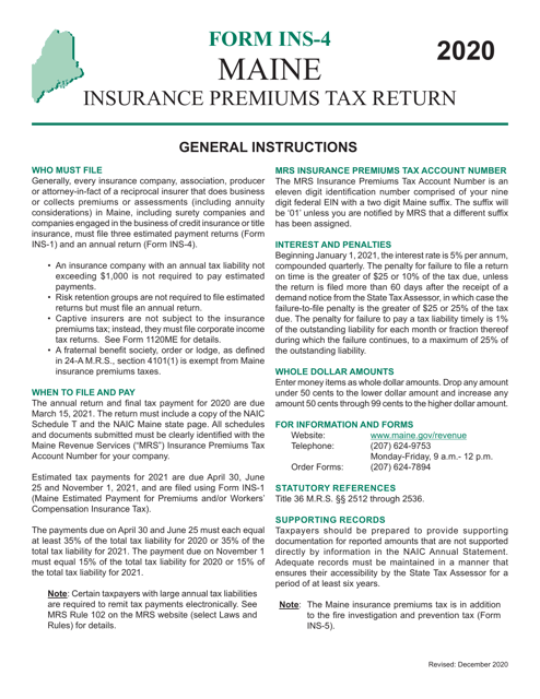 Form INS-4 Insurance Premiums Tax Return - Maine, 2020