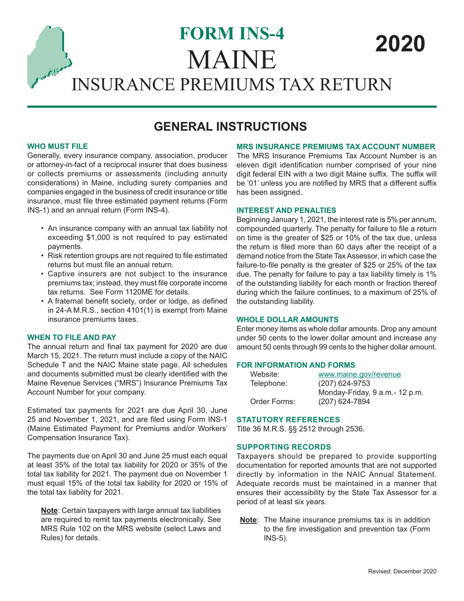 Form INS-4 Insurance Premiums Tax Return - Maine, Page 1
