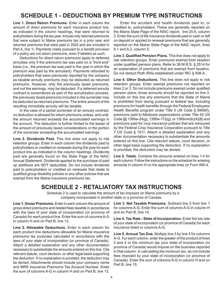 Form INS-4 Insurance Premiums Tax Return - Maine, Page 4