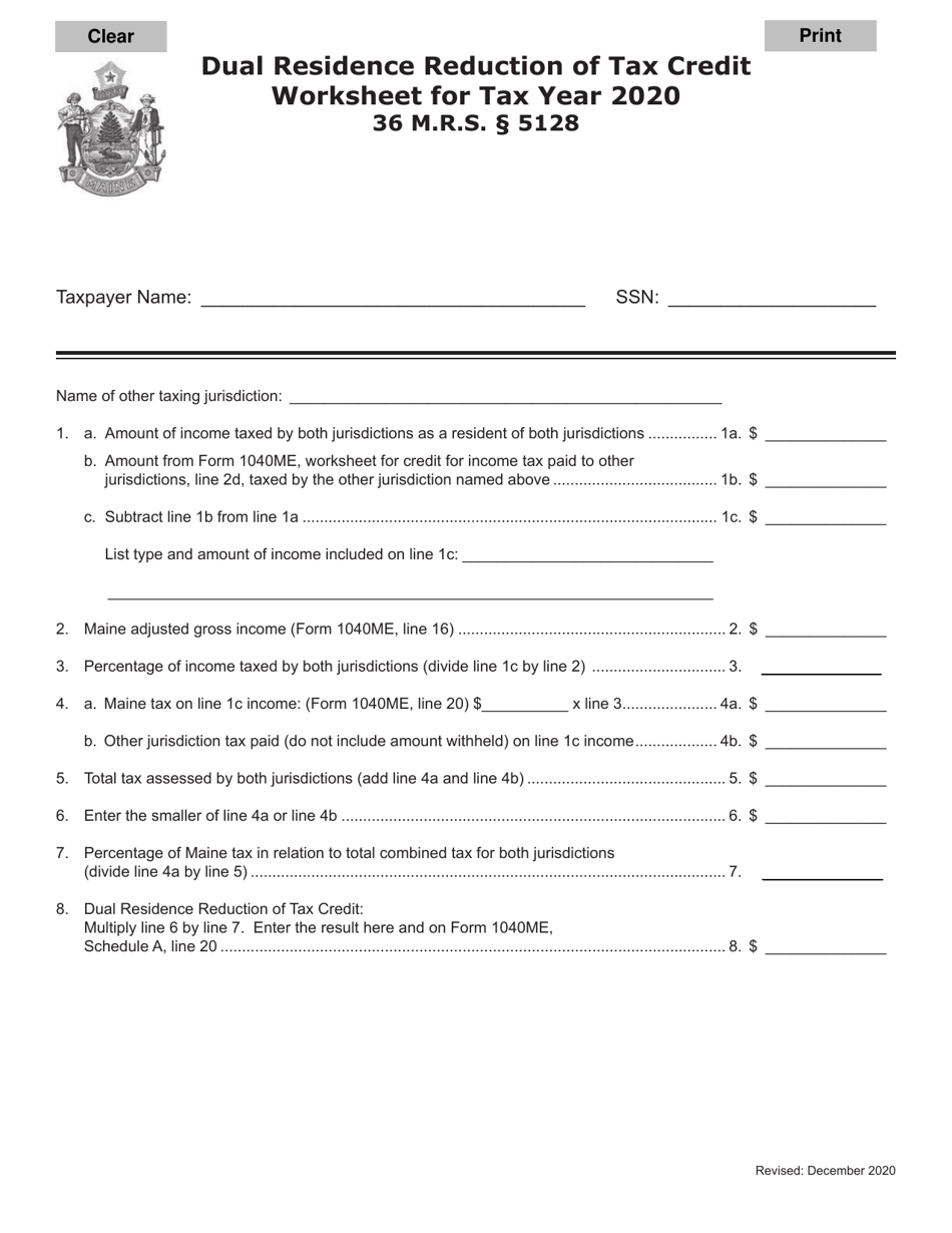 Dual Residence Reduction of Tax Credit Worksheet - Maine, Page 1