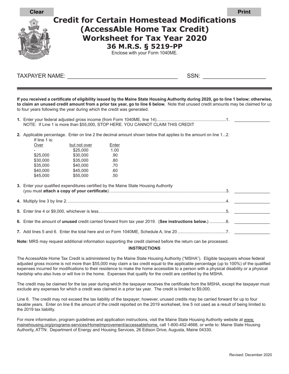 Credit for Certain Homestead Modifications (Accessable Home Tax Credit) Worksheet - Maine, Page 1