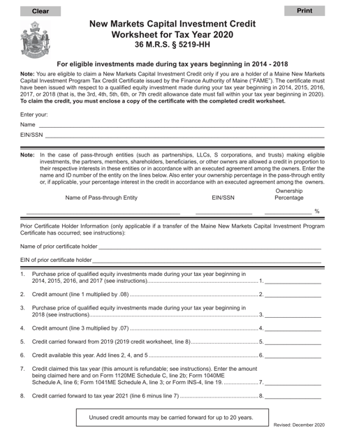 New Markets Capital Investment Credit Worksheet - Maine, 2020
