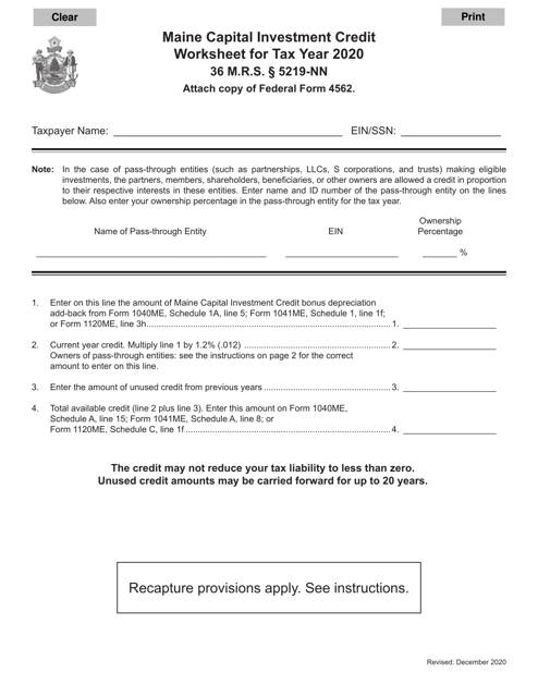 Maine Capital Investment Credit Worksheet - Maine Download Pdf