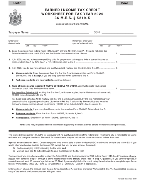Earned Income Tax Credit Worksheet - Maine Download Pdf