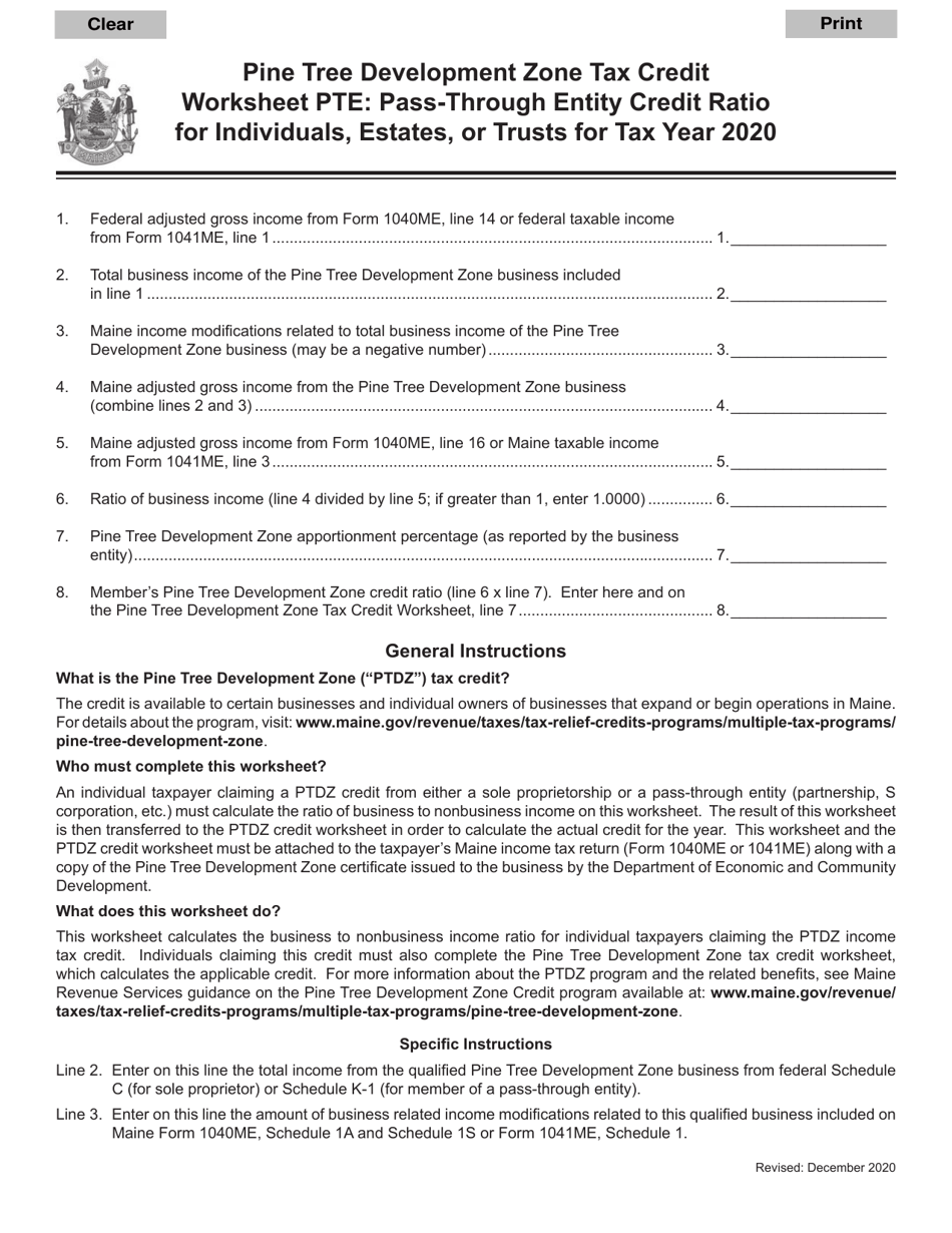 Worksheet PTE Credit Ratio Worksheet for Individuals Claiming the Pine Tree Development Zone Tax Credit - Maine, Page 1