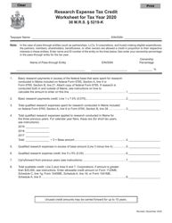 Document preview: Research Expense Tax Credit Worksheet - Maine, 2020