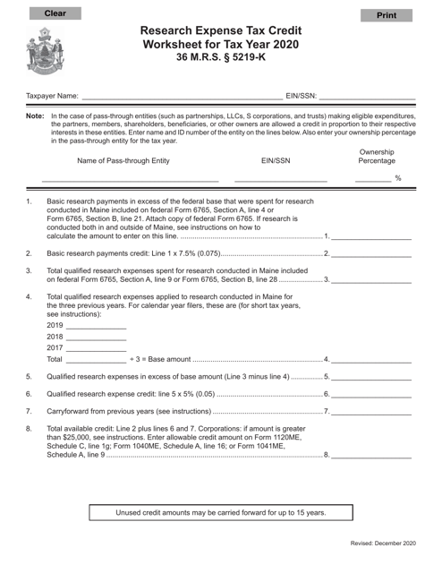 Research Expense Tax Credit Worksheet - Maine, 2020
