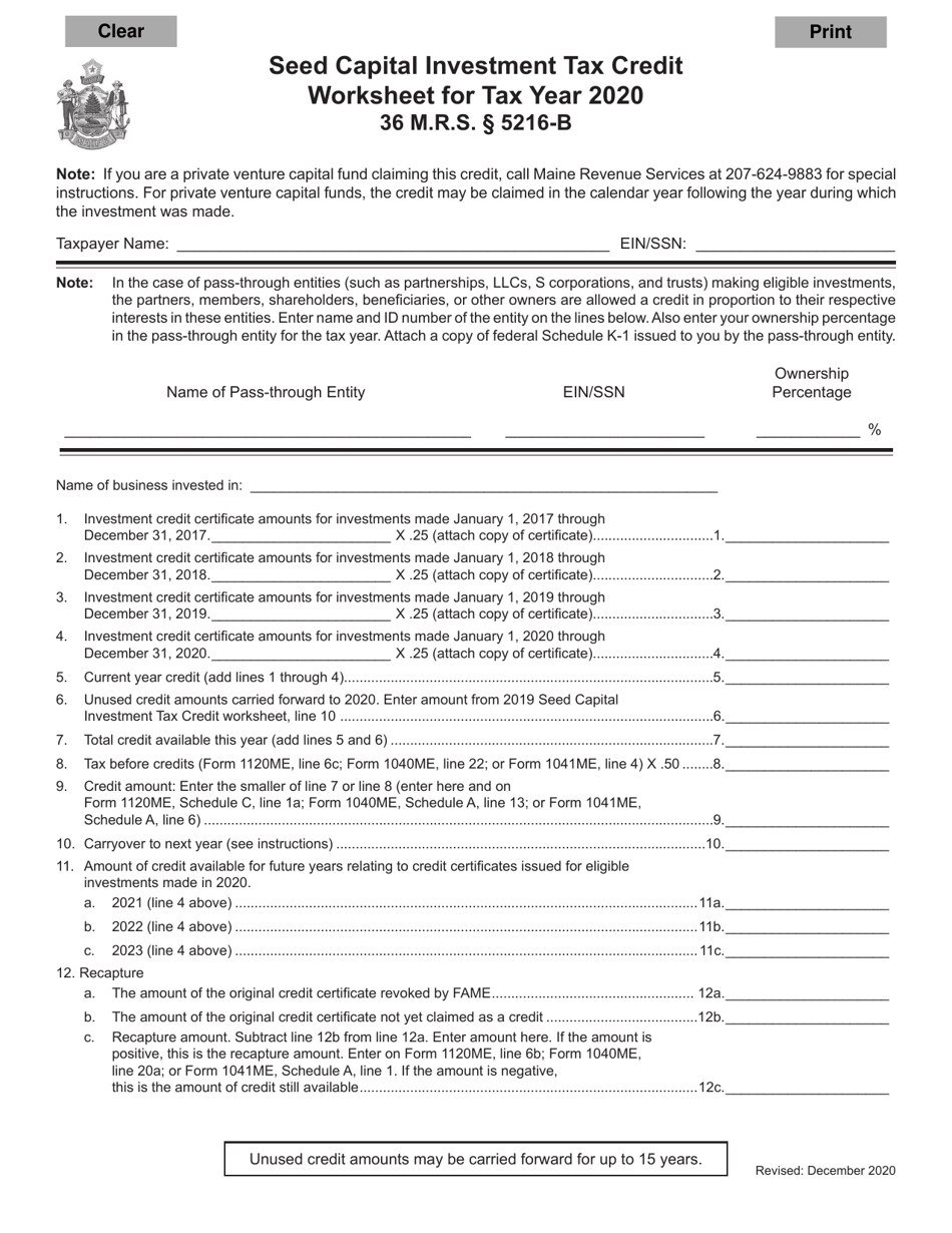 2020 Maine Seed Capital Investment Tax Credit Worksheet Fill Out, Sign Online and Download PDF