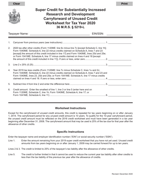 Super Credit for Substantially Increased Research and Development Carryforward of Unused Credit Worksheet - Maine Download Pdf