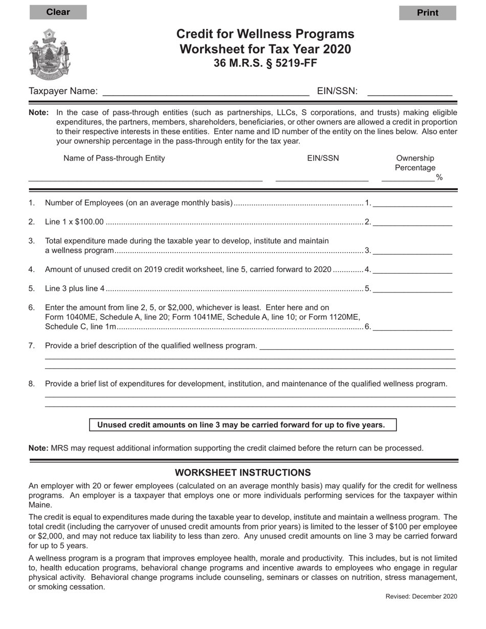 Credit for Wellness Programs Worksheet - Maine, Page 1