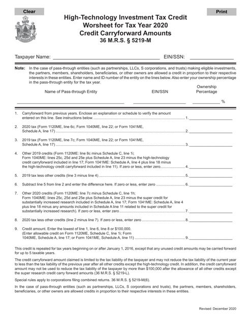 High-Technology Investment Tax Credit Worksheet - Maine Download Pdf