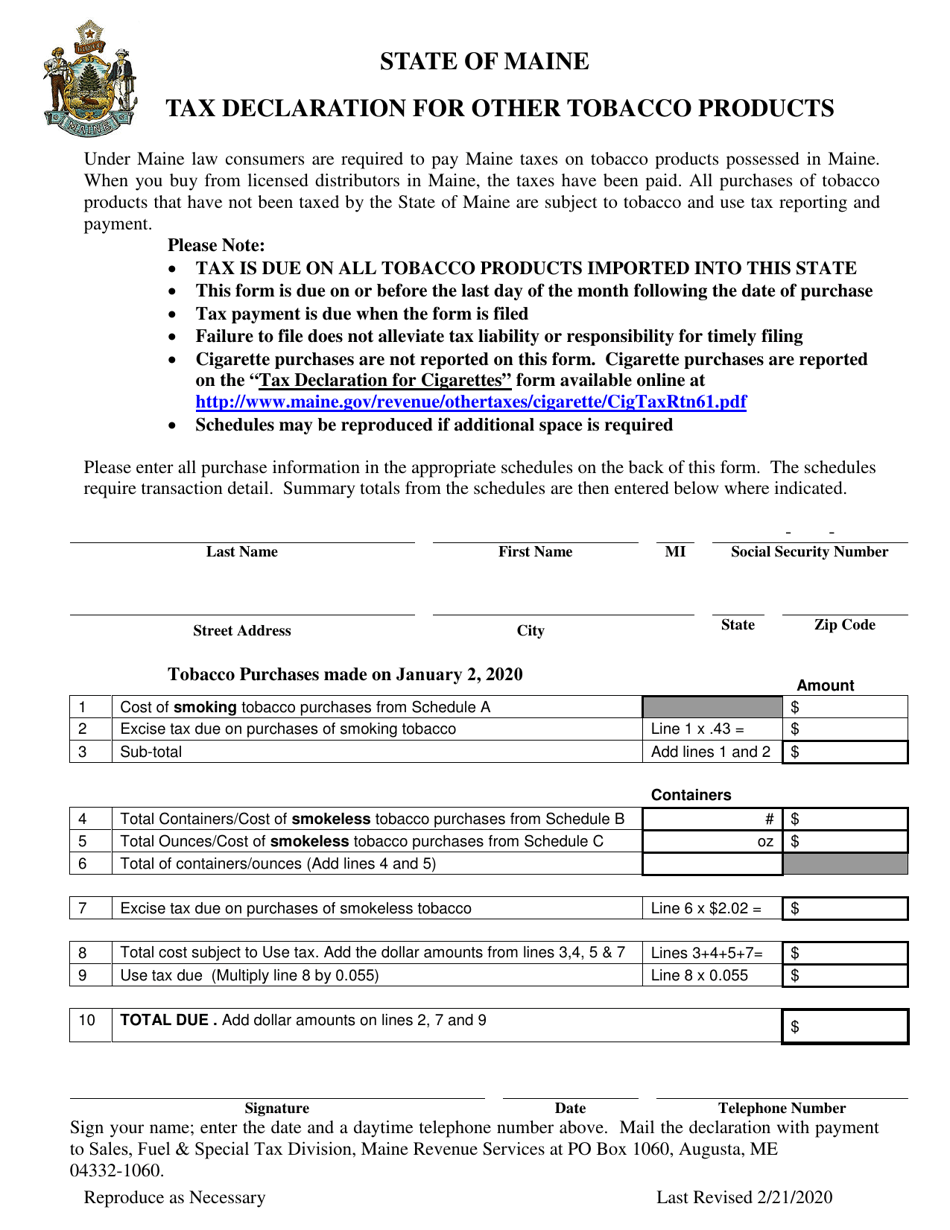 Tax Declaration for Other Tobacco Products - Maine, Page 1