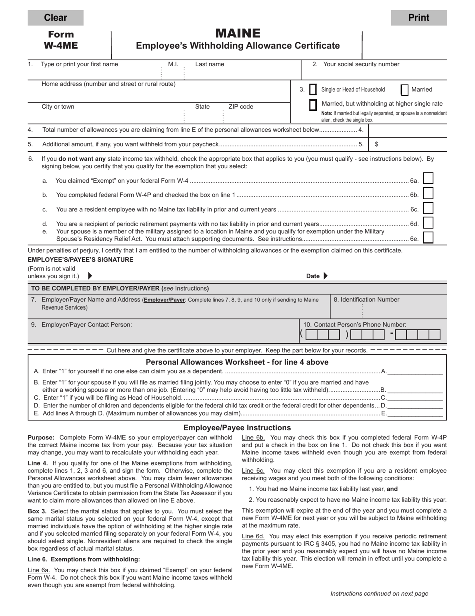 Form W-4ME Employees Withholding Allowance Certificate - Maine, Page 1