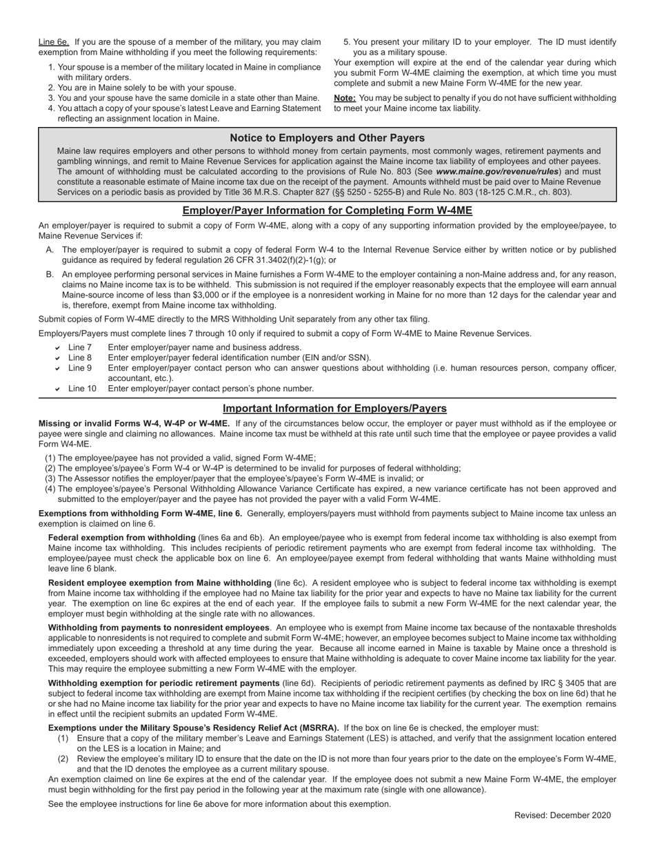 Form W-4ME Employees Withholding Allowance Certificate - Maine, Page 2