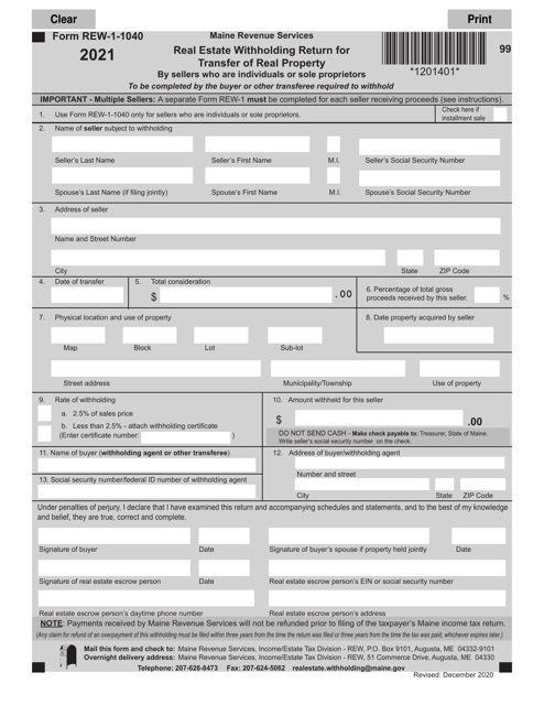 Form REW-1-1040 Real Estate Withholding Return for Transfer of Real Property - Maine, 2021