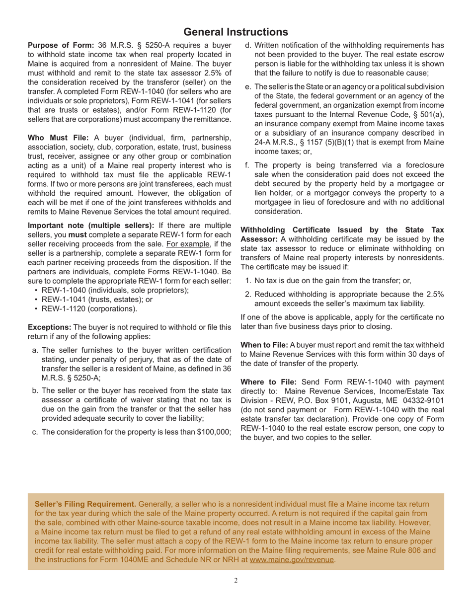 Form REW-1-1040 Real Estate Withholding Return for Transfer of Real Property - Maine, Page 2
