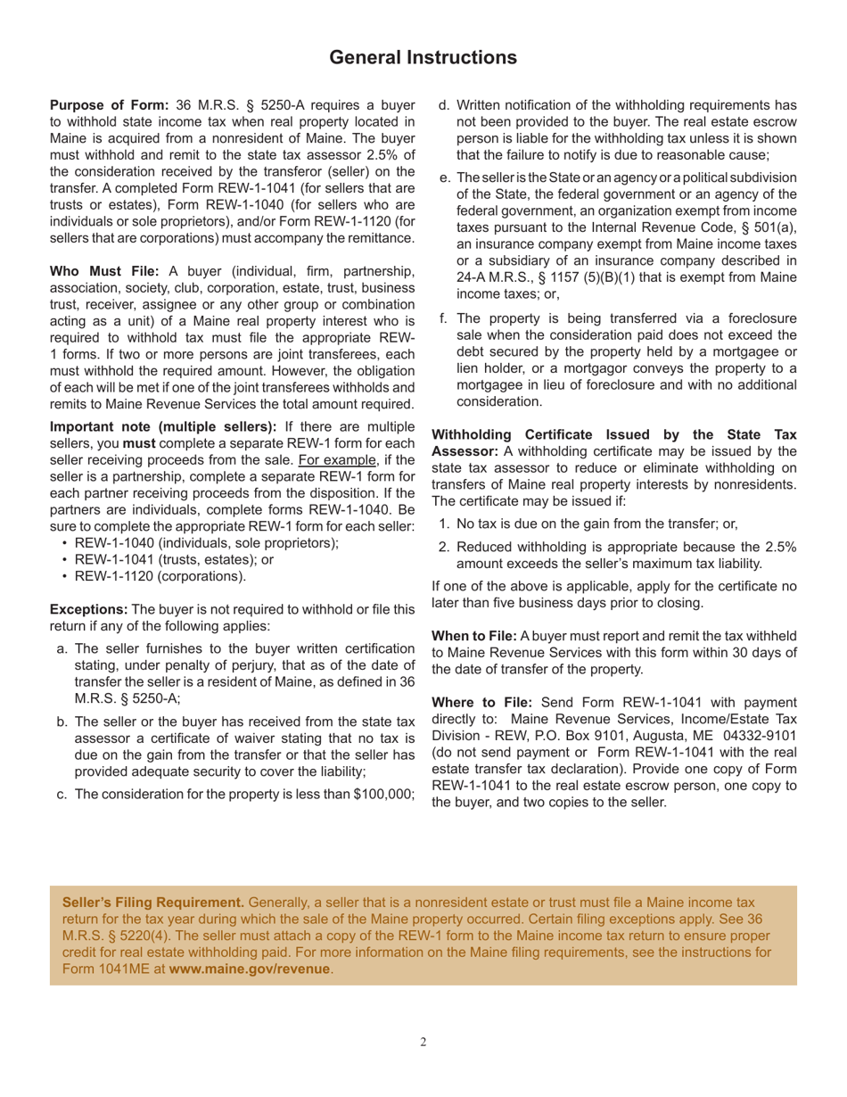 Form REW-1-1041 Real Estate Withholding Return for Transfer of Real Property by Sellers That Are Trusts or Estates - Maine, Page 2