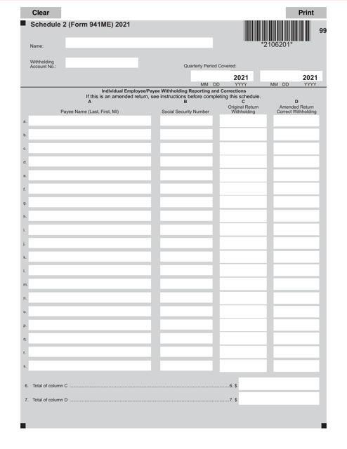 Form 941ME Schedule 2 Income Tax Withholding Listing Page - Maine, 2021