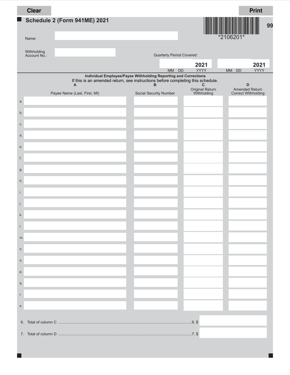 Form 941ME Schedule 2 Income Tax Withholding Listing Page - Maine, Page 1