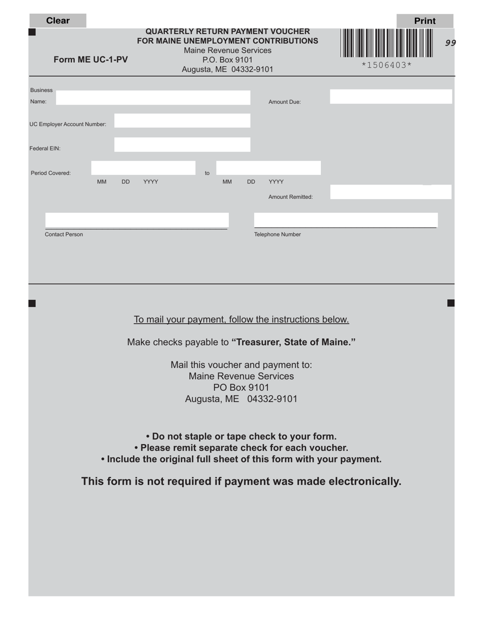Form ME UC-1-PV Quarterly Return Payment Voucher for Maine Unemployment Contributions - Maine, Page 1