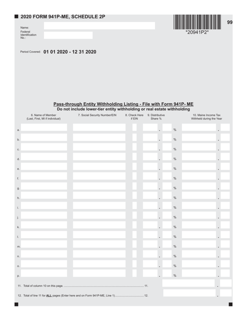 Form 941P-ME Schedule 2P 2020 Printable Pdf