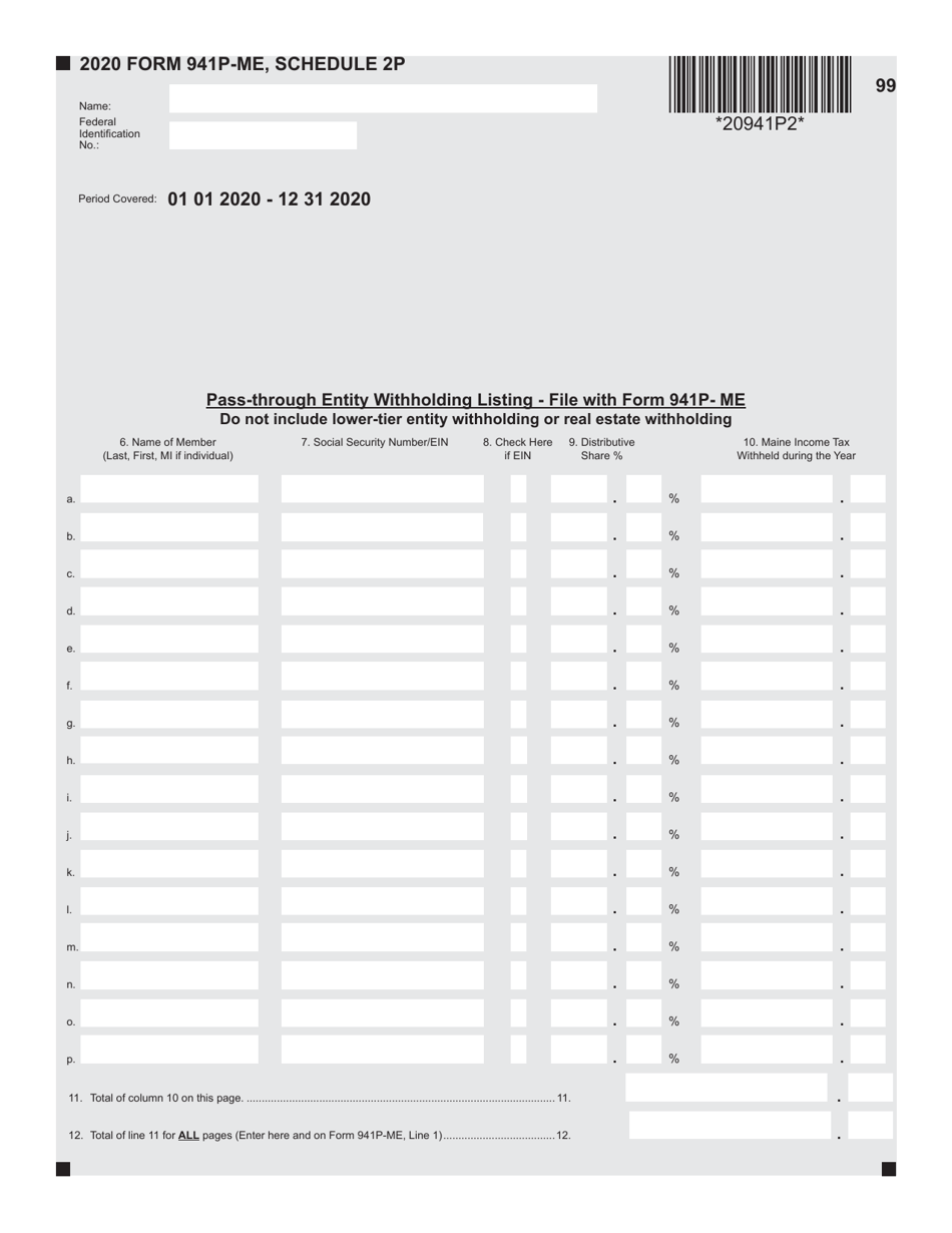 Form 941P-ME Schedule 2P Withholding Listing Page - Maine, Page 1