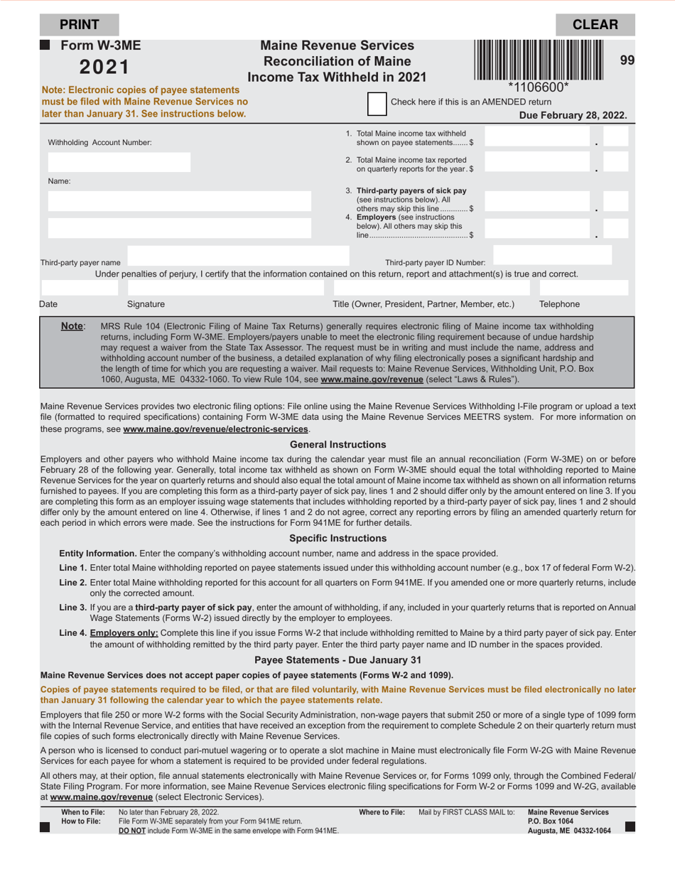 Form W-3ME Reconciliation of Maine Income Tax Withheld - Maine, Page 1