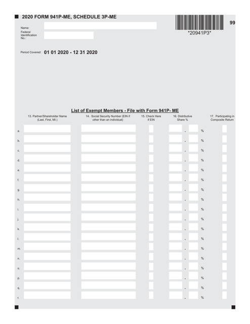 Form 941P-ME Schedule 3P-ME 2020 Printable Pdf