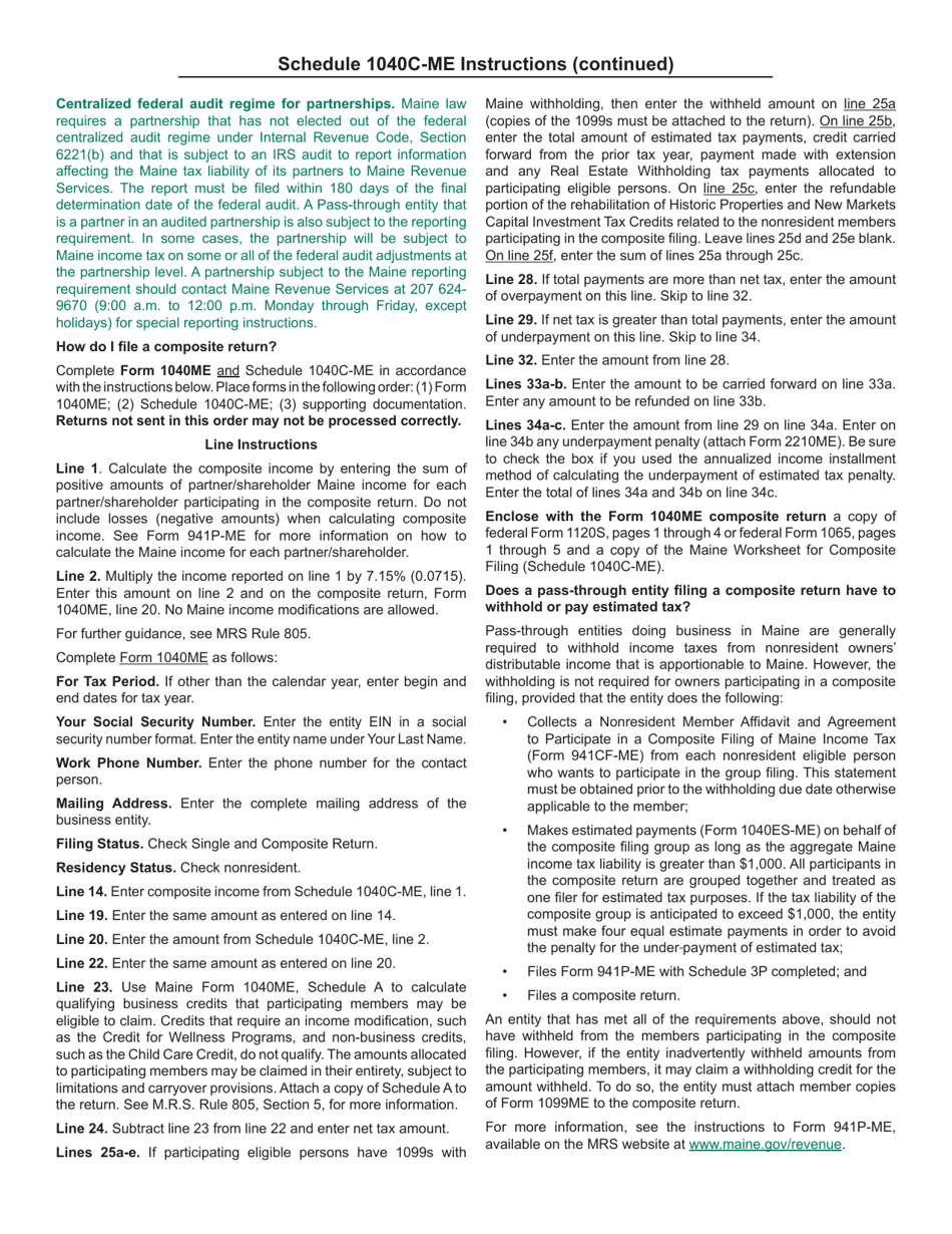 Schedule 1040C-ME Worksheet for Composite Filing of Maine Income Tax for Nonresident Owners - Maine, Page 2