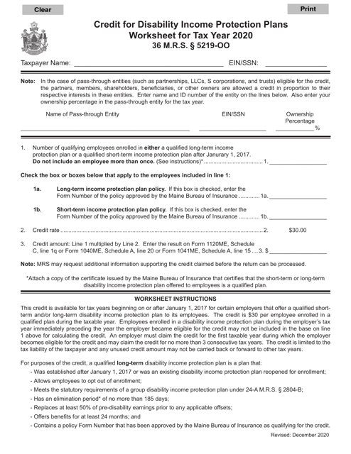 Credit for Disability Income Protection Plans Worksheet - Maine Download Pdf