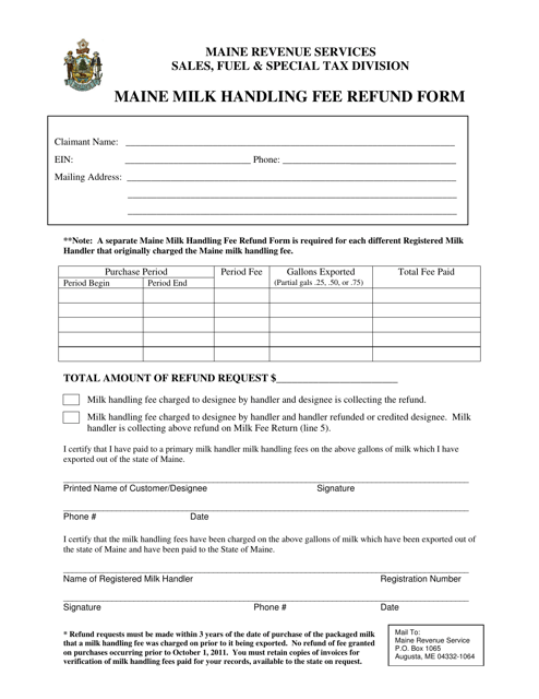 Maine Milk Handling Fee Refund Form - Maine Download Pdf
