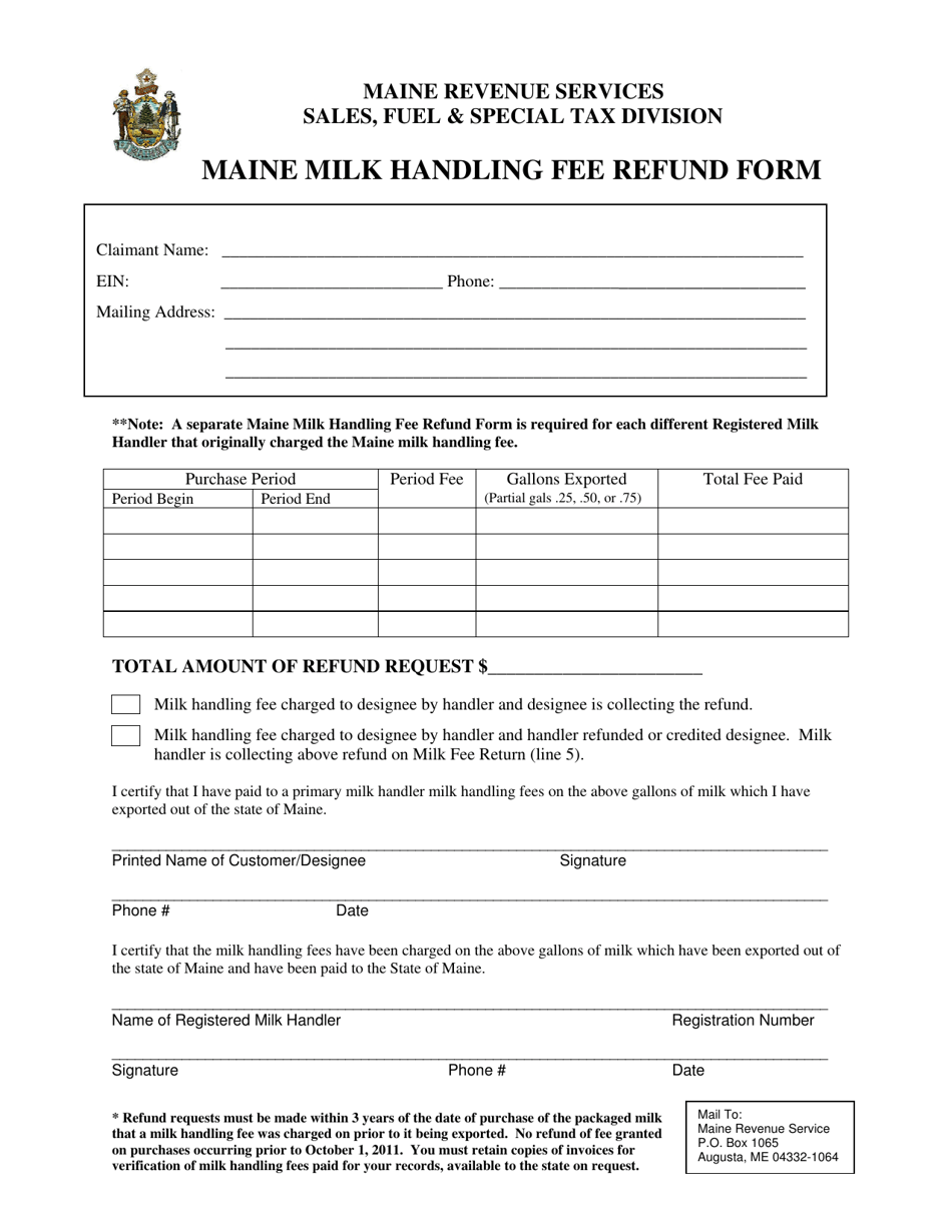 Maine Milk Handling Fee Refund Form - Maine, Page 1