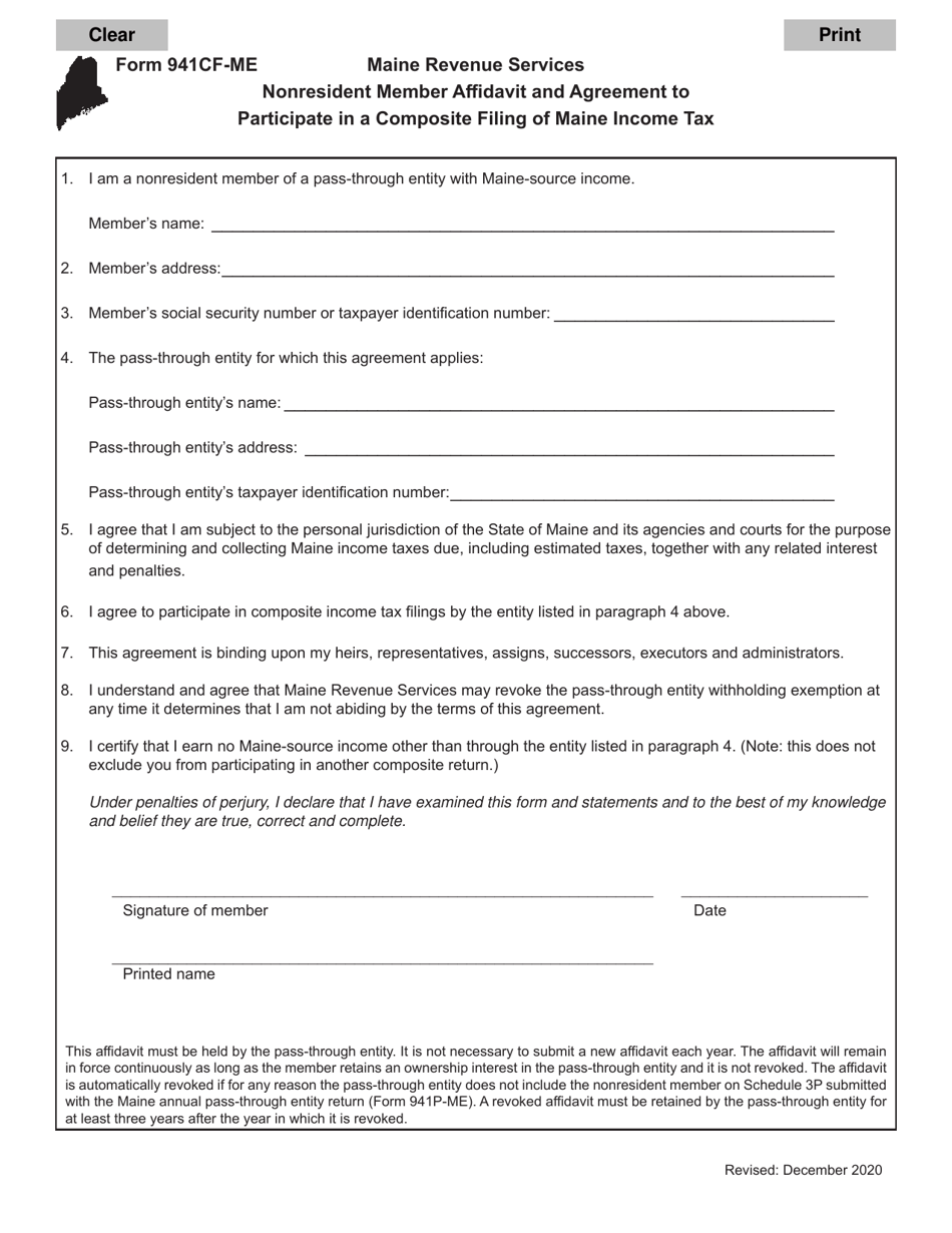 Form 941CF-ME Nonresident Member Affidavit and Agreement to Participate in a Composite Filing of Maine Income Tax - Maine, Page 1