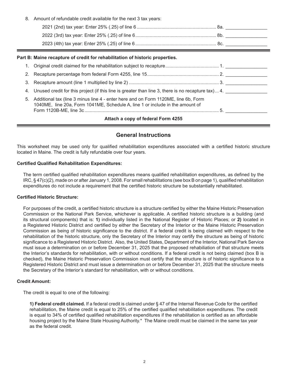 Credit for Rehabilitation of Historic Properties Worksheet - Maine, Page 2