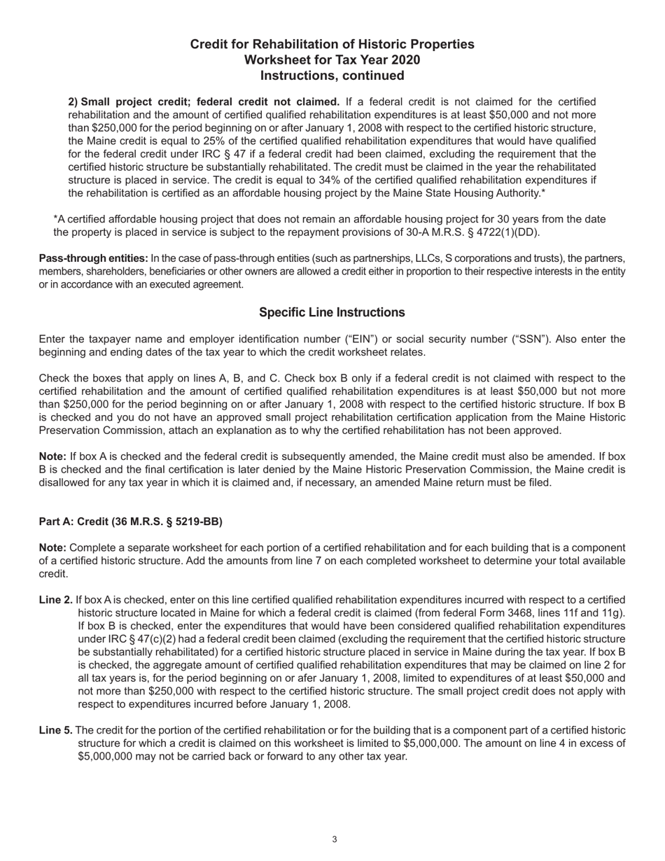 Credit for Rehabilitation of Historic Properties Worksheet - Maine, Page 3