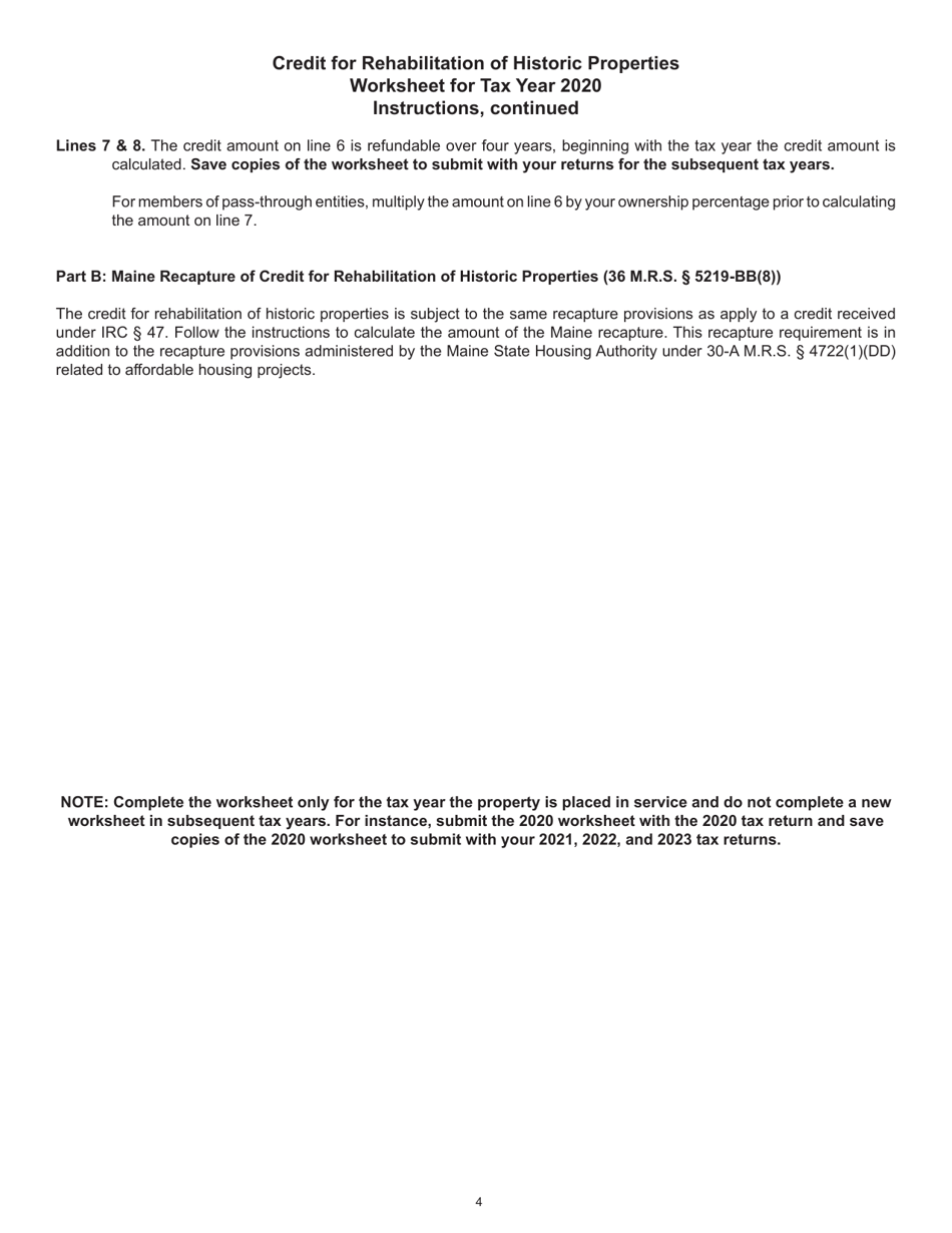 Credit for Rehabilitation of Historic Properties Worksheet - Maine, Page 4